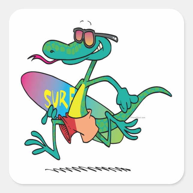 cute funny surfer beach lizard cartoon square sticker (Front)