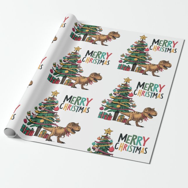 Cute Funny T-rex Dinosaur and Christmas Tree Wrapping Paper (Unrolled)