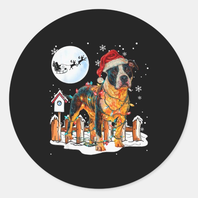 Cute Funny Tbull Christmas Lights Santa Hat Holida Classic Round Sticker (Front)