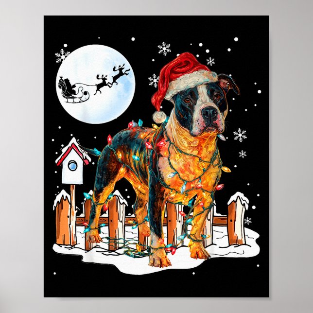 Cute Funny Tbull Christmas Lights Santa Hat Holida Poster (Front)