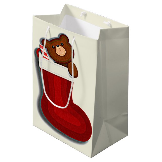 Cute Funny Teddybear in Stocking Christmas Medium Gift Bag (Front Angled)