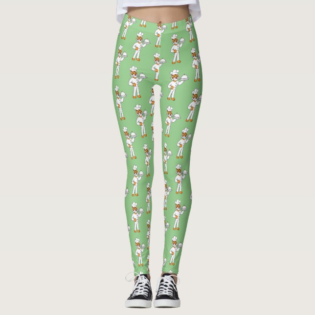 Cute funny tiger chef cartoon illustration leggings (Front)