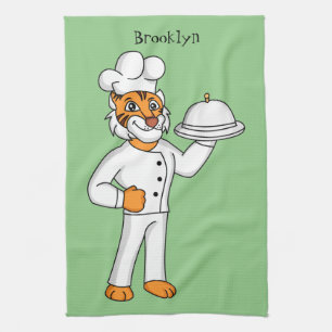 Cute funny tiger chef cartoon illustration tea towel