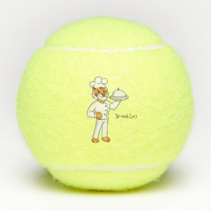 Cute funny tiger chef cartoon illustration tennis balls