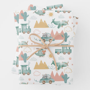 Cute funny transport and animal. Kids baby pattern Wrapping Paper Sheet