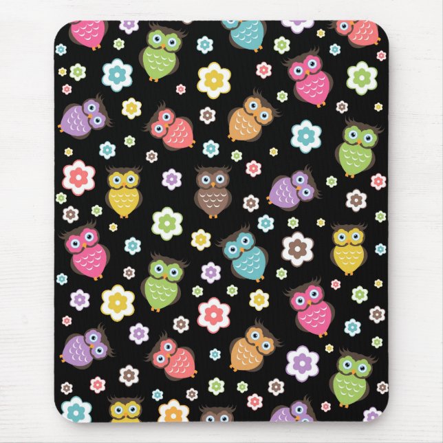 Cute funny trendy owls and flowers pattern mouse mat (Front)