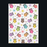 Cute funny trendy owls and flowers pattern postcard<br><div class="desc">Cute funny trendy owls and flowers pattern,  hot pink,  bubble gum pink,  light blue,  bright green,  soft purple,  soft yellow,  orange,  dark and lighter brown,  white colours,  white background. Image print</div>