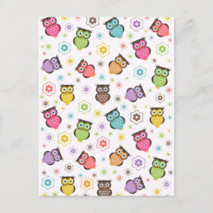 Cute funny trendy owls and flowers pattern postcard