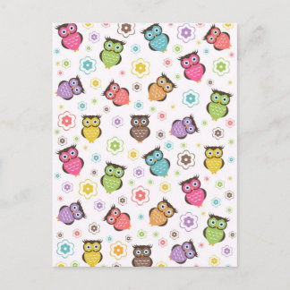 Cute funny trendy owls and flowers pattern postcard