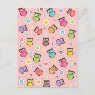Cute funny trendy owls and flowers pattern postcard