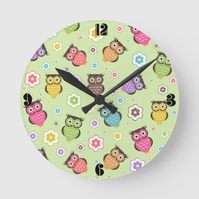 Cute funny trendy owls and flowers pattern round clock (Front)