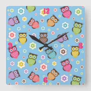 Cute funny trendy owls and flowers pattern square wall clock