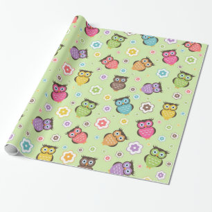 Cute funny trendy owls and flowers pattern wrapping paper