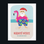 Cute Funny Tropical Beach Santa Christmas in July  Holiday Postcard<br><div class="desc">This adorable holiday postcard features a hand drawn tropical Santa, wearing colourful swim trunks and a bright fuchsia flamingo pool float! The background includes the ocean and a sandy beach. Easy to customise with your own text on the front and back! Send smiles this Christmas season or for Christmas in...</div>