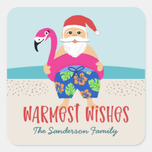 Cute Funny Tropical Santa Warmest Wishes Name Square Sticker