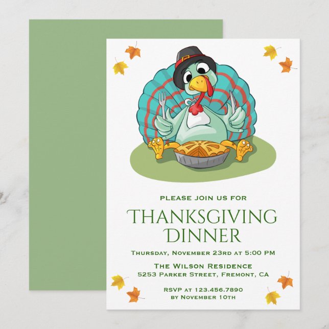 Cute Funny Turkey Thanksgiving Dinner Party Invite (Front/Back)