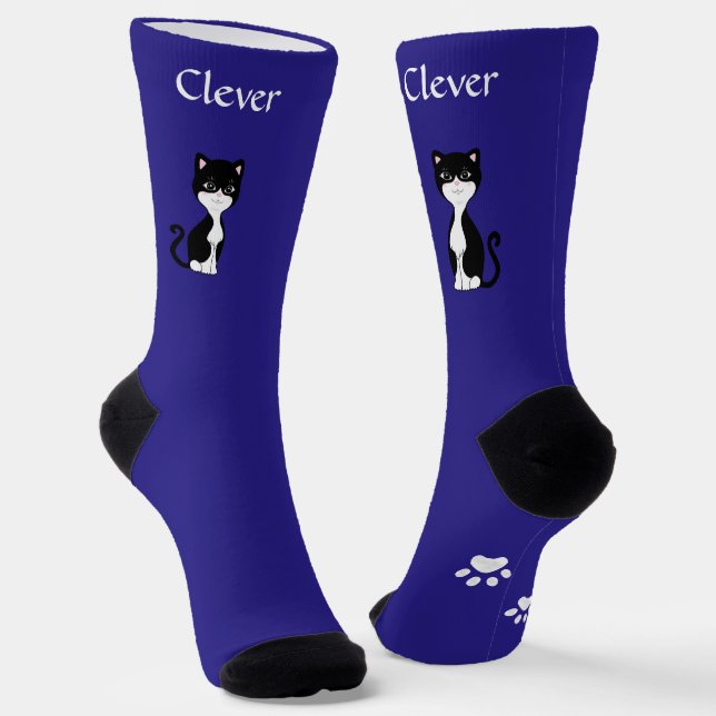 Cute Funny Tuxedo Cat & Paws on Blue Socks (Angled)