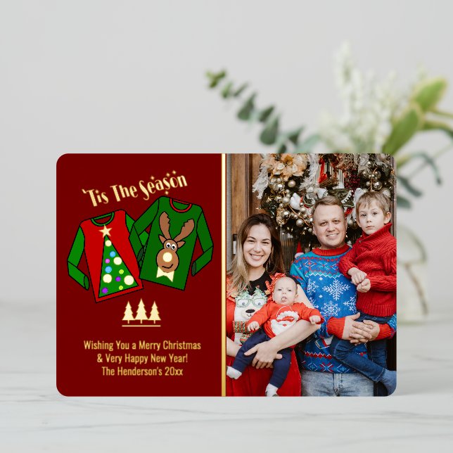 Cute Funny Ugly Sweater Themed Photo Foil Holiday Card (Standing Front)