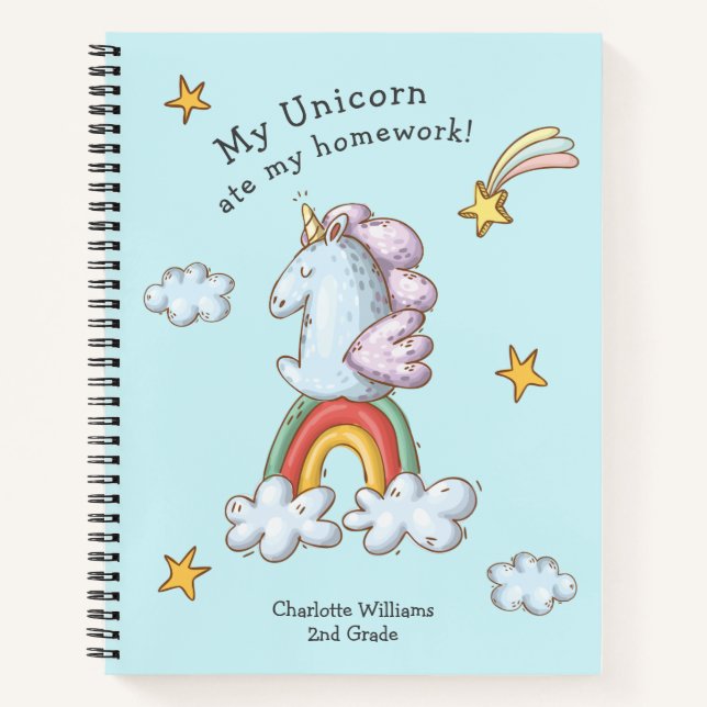 Cute Funny Unicorn Ate My Homework Cartoon Notebook (Front)