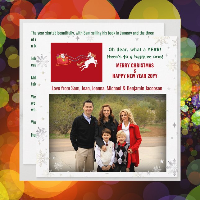 Cute Funny Unicorn Santa Humour Photo Xmas Letter Holiday Card (Funny Cute Unicorn Santa Sleigh Oh Deer What a Year Merry Christmas Happy New Year 1 Photo Letter )