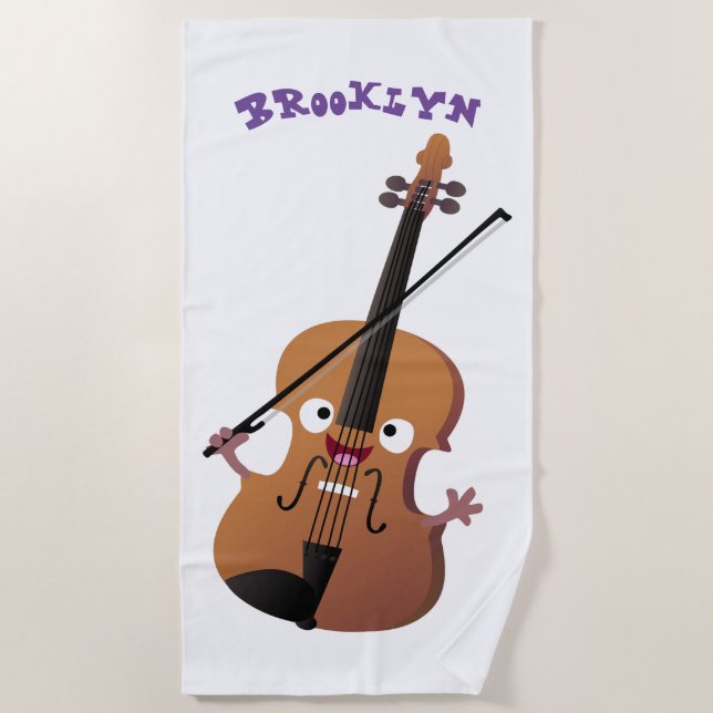 Cute funny violin musical cartoon character beach towel (Front)