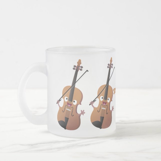Cute funny violin musical cartoon character frosted glass coffee mug (Left)