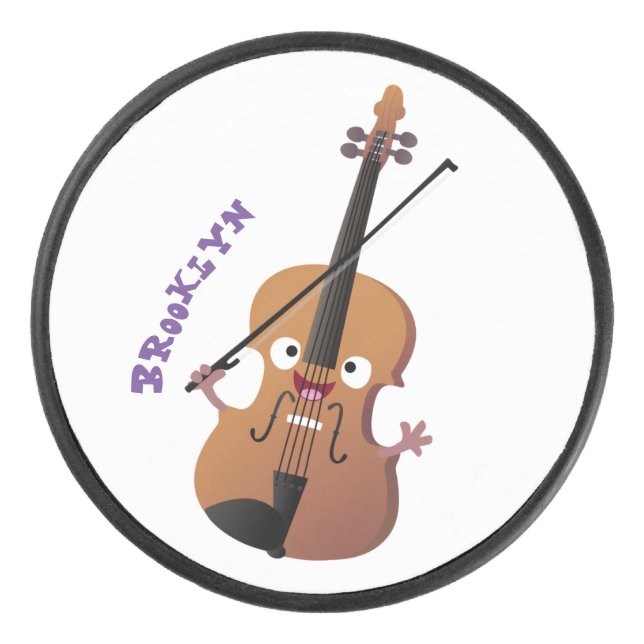 Cute funny violin musical cartoon character hockey puck (Front)