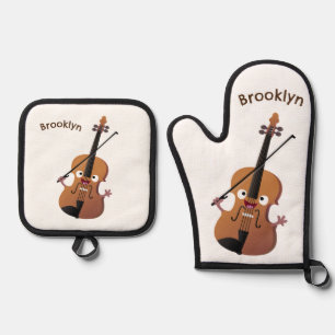 Cute funny violin musical cartoon character oven mitt & pot holder set