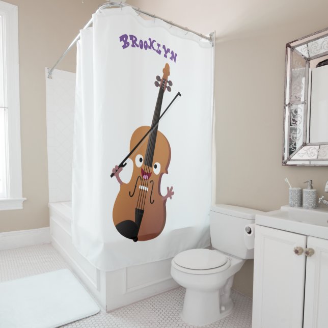 Cute funny violin musical cartoon character shower curtain (In Situ)