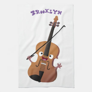 Cute funny violin musical cartoon character tea towel