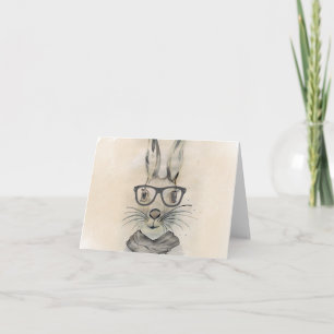 Cute funny watercolor bunny with glasses and scarf card