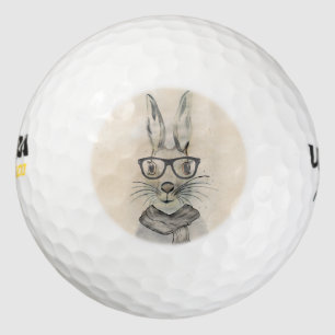 Cute funny watercolor bunny with glasses and scarf golf balls