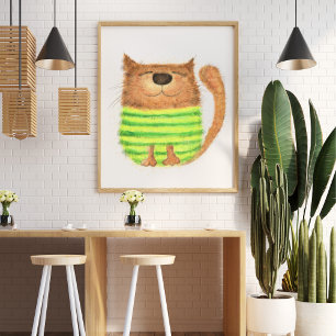Cute funny watercolor cat illustration decorative poster