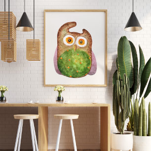Cute funny watercolor owl green brown poster