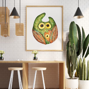Cute funny watercolor owl green orange  poster