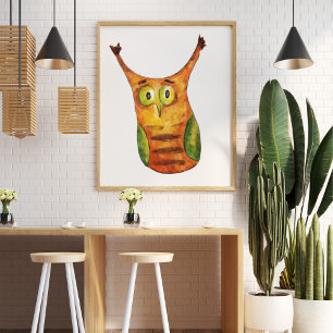 Cute funny watercolor owl green orange  poster