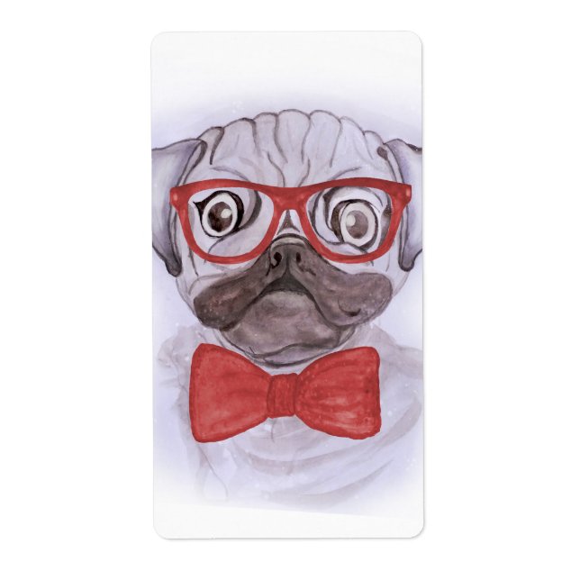 Cute funny watercolor pug with red glasses and bow (Front)