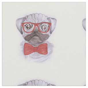 Cute funny watercolor pug with red glasses and bow fabric