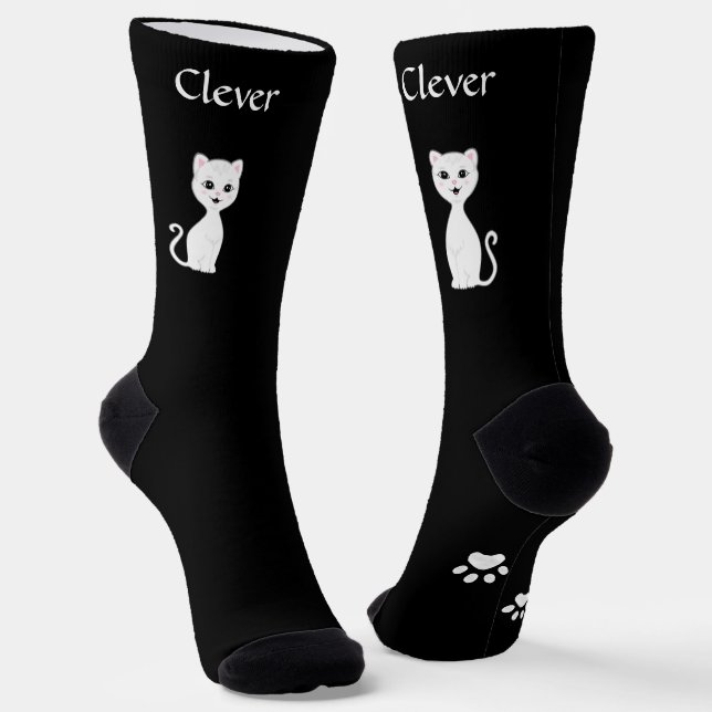 Cute Funny White Cat & Paws on Black Socks (Angled)