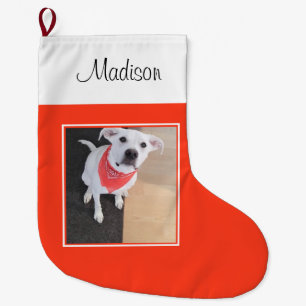 Cute Funny White Puppy Dog Wearing Scarf Orange Large Christmas Stocking