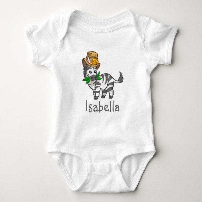 Cute Funny Wildlife Zebra Hat Leafs Baby Name Bodysuit (Front)