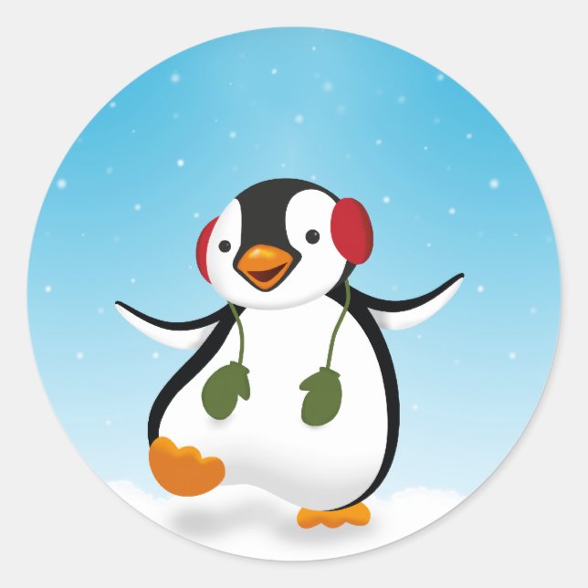 Cute Funny Winter Penguin Classic Round Sticker (Front)