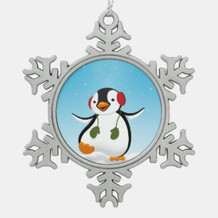 Cute Funny Winter Penguin Snowflake Pewter Christmas Ornament