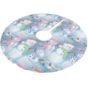 Cute Funny Winter Season Snowmen Watercolor Art Brushed Polyester Tree Skirt