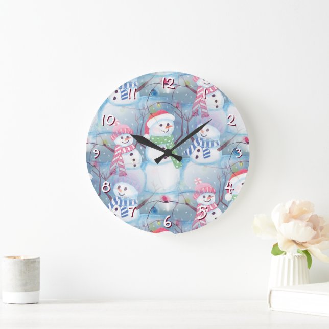 Cute Funny Winter Season Snowmen Watercolor Art Large Clock (Home)
