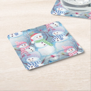 Cute Funny Winter Season Snowmen Watercolor Art Square Paper Coaster