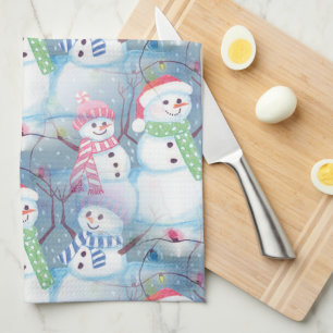 Cute Funny Winter Season Snowmen Watercolor Art Tea Towel