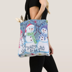 Cute Funny Winter Season Snowmen Watercolor Art Tote Bag