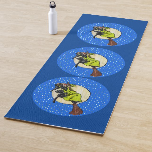Cute Funny Witch Black Cat Flying on Broom Moon Yoga Mat (In Situ)