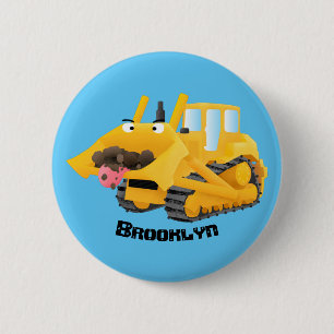 Cute funny yellow bulldozer cartoon character 6 cm round badge